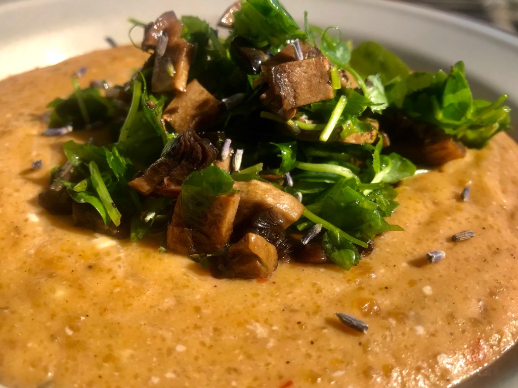 Plantain purée with micro-greens and&nbsp;mushrooms