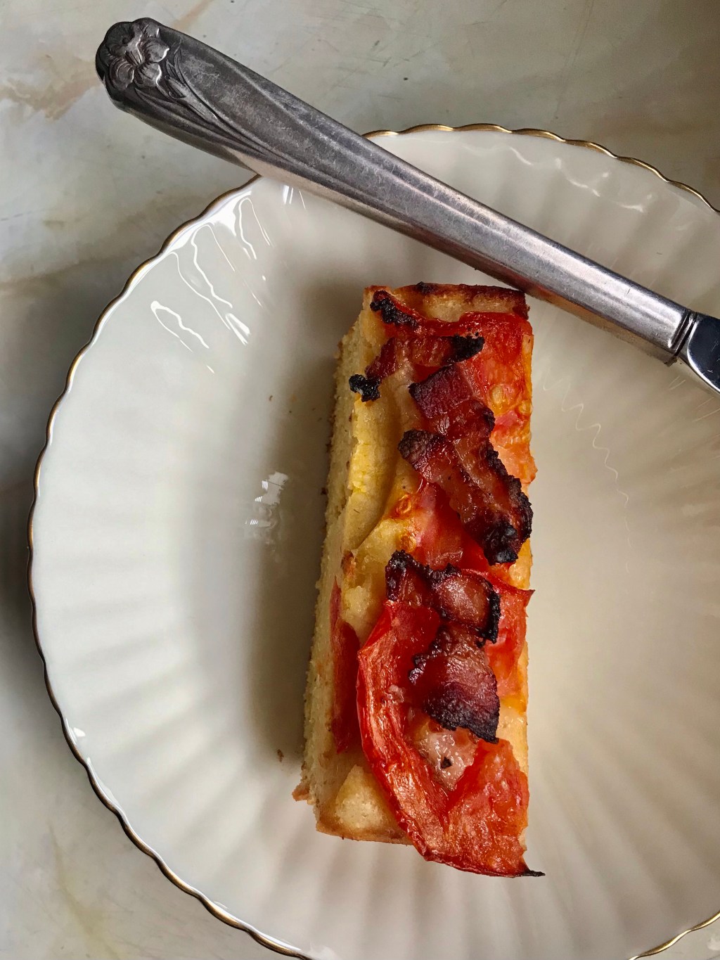 Tomato and Wild Boar Bacon atop Cornbread — first phase&nbsp;test