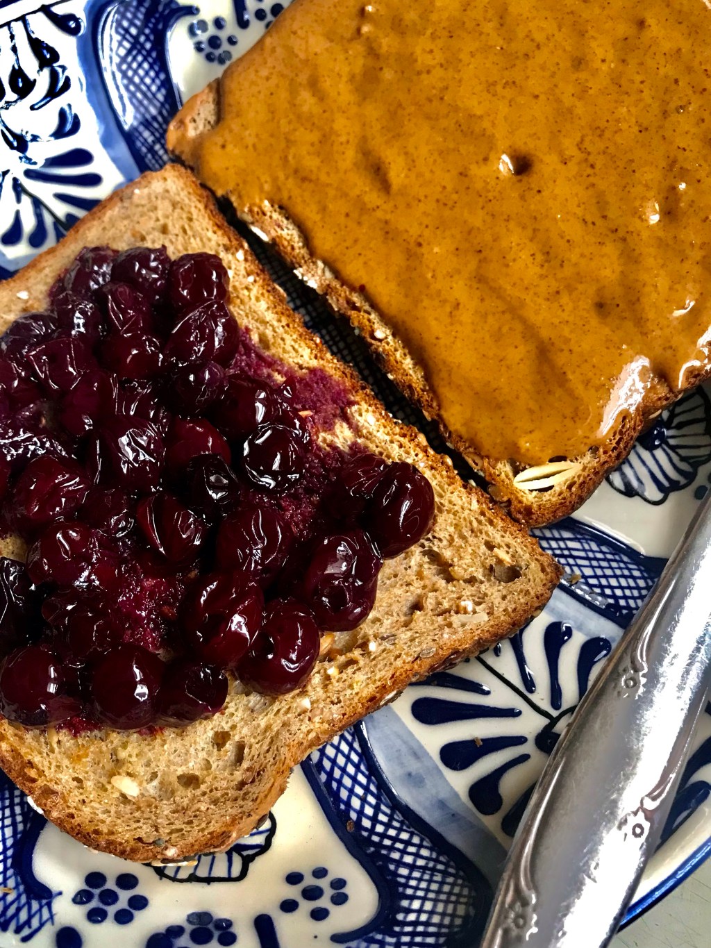 Blueberries in ginger rum reduction, and almond&nbsp;butter
