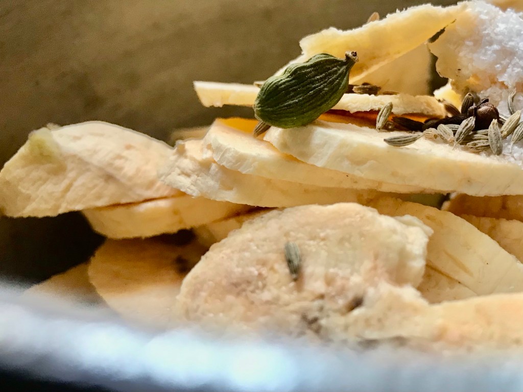 Plantains, with cardamom, cloves, and cumin, in&nbsp;Chardonnay