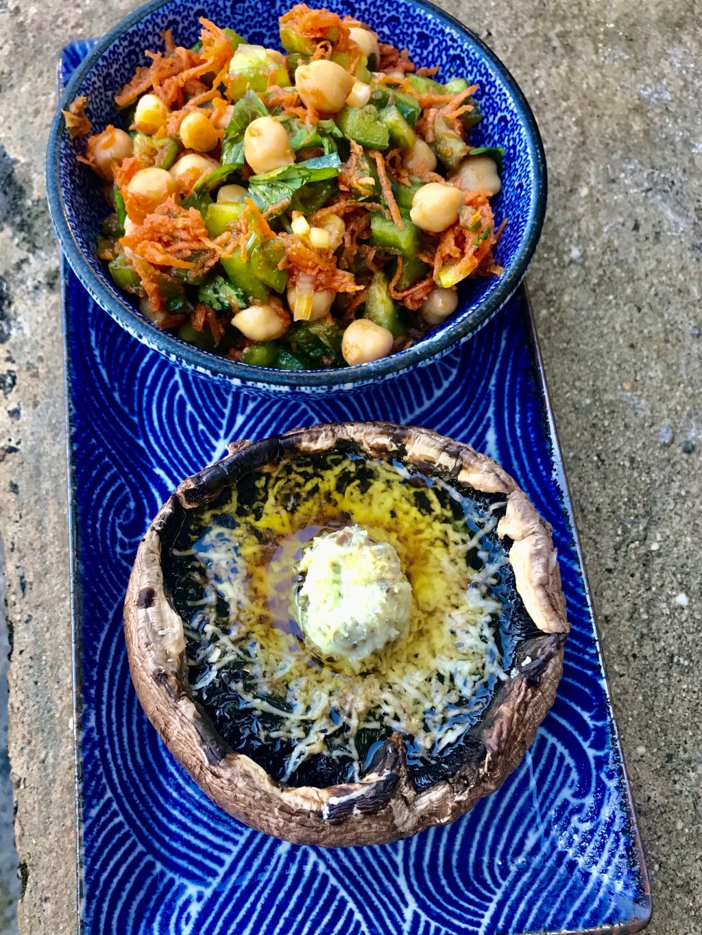 Wined chickpeas, carrots, bell pepper, basil leaves, and portobello with&nbsp;pecorino