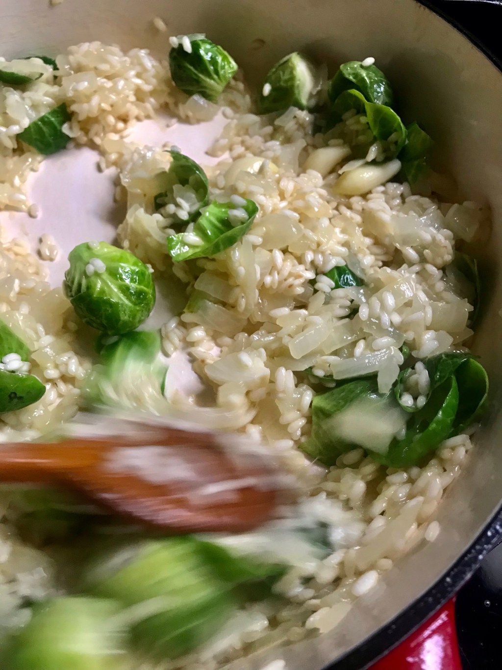 Brussels sprouts risotto on a flat cast iron&nbsp;pot