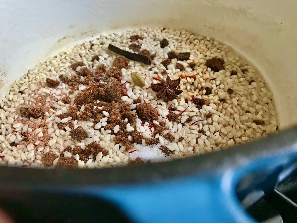 Vialone nano rice, muscovado, saffron, nutmeg, star anise, cardamom, cloves ,&nbsp;vanilla