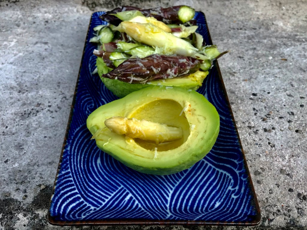 Purple and White Asparagus, and Avocado, with&nbsp;Pecorino