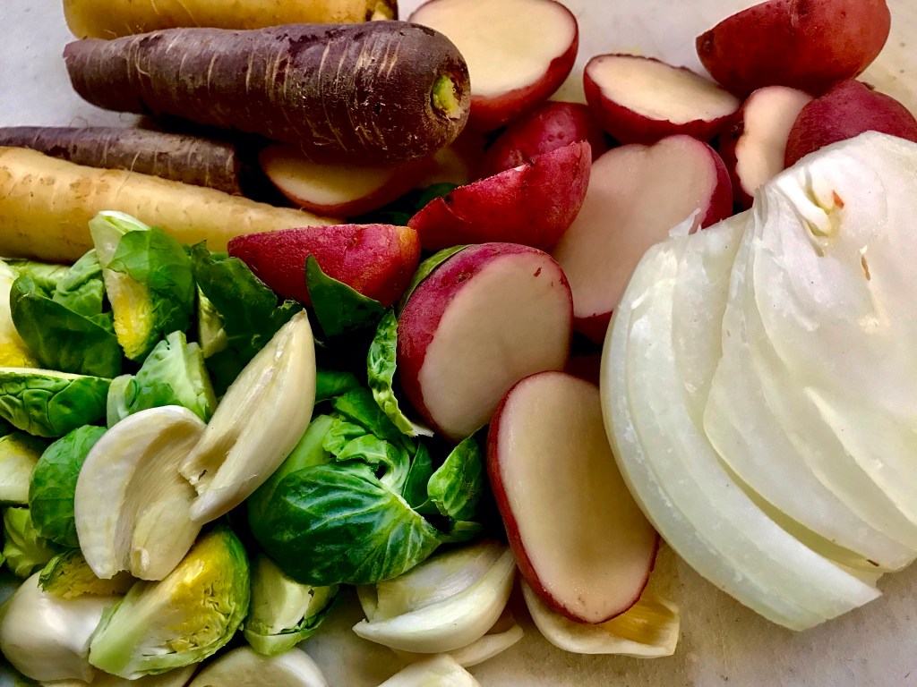 Red potatoes, Brussels sprouts, carrots, onion, and&nbsp;garlic