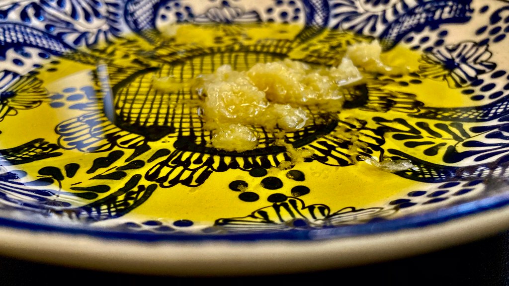 Breakfast — toast on olive oil with fresh&nbsp;garlic