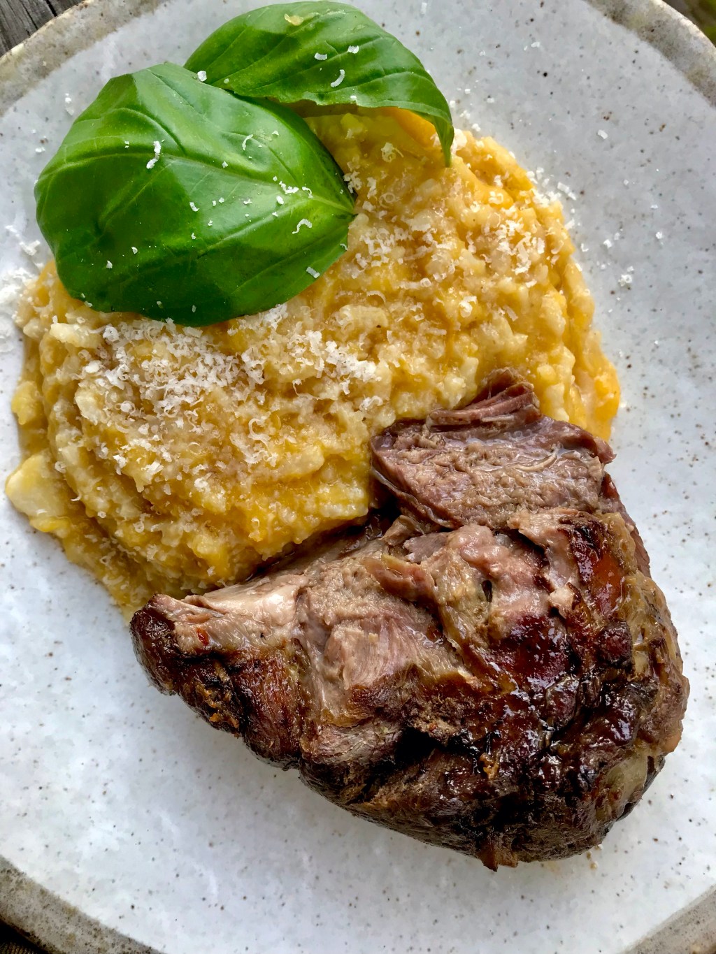 Lamb, pumpkin risotto, basil&nbsp;leaves