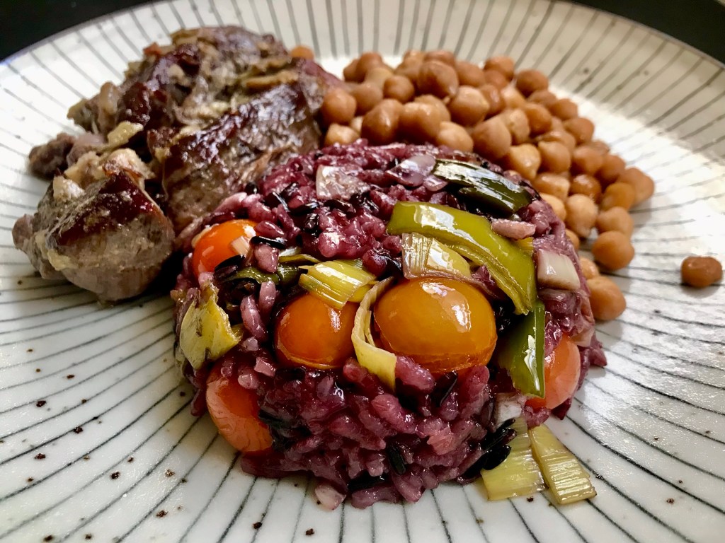 Arborio, and wild rice, with tomatoes, and leek, chick peas, and&nbsp;lamb