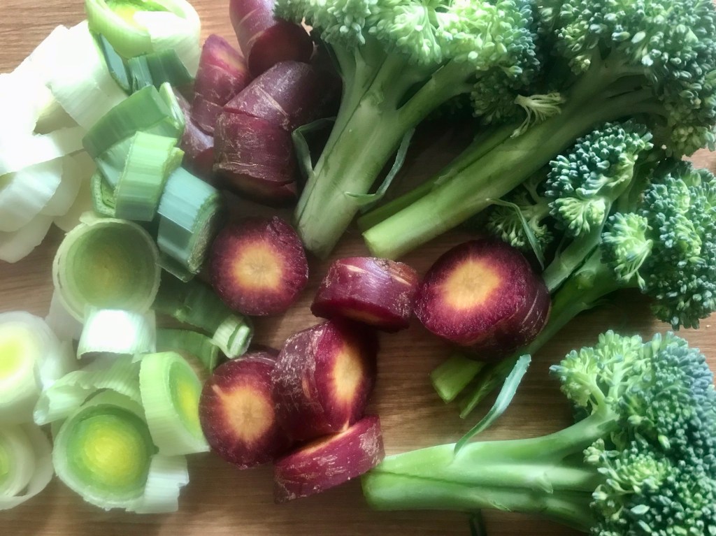broccoli, carrots, leek