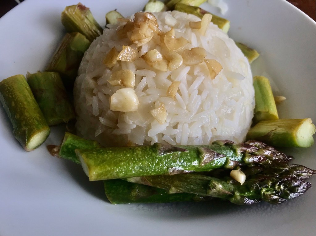 Asparagus, rice, garlic