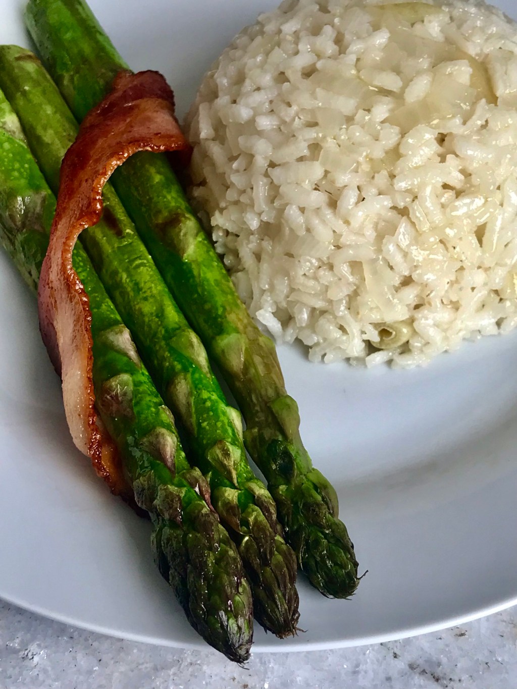 bacon around asparagus, with&nbsp;rice